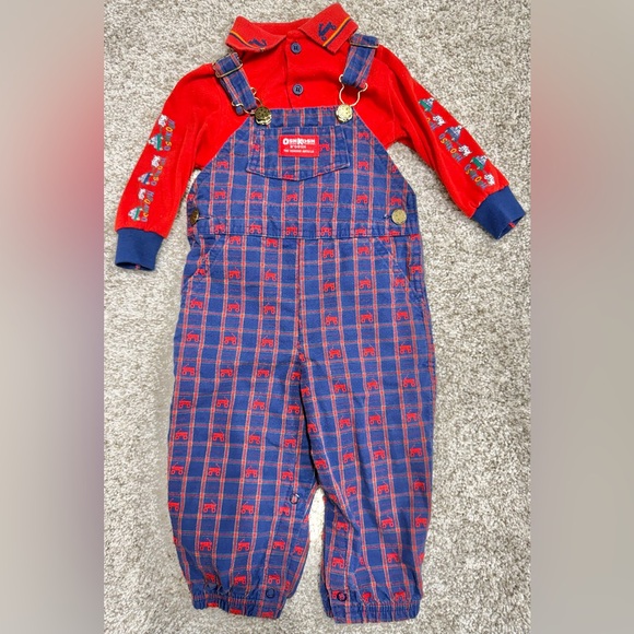 OshKosh B'gosh Other - VINTAGE *RARE* OshKosh B'Gosh Vestbak Overalls & Shirt Blue Red Wagon